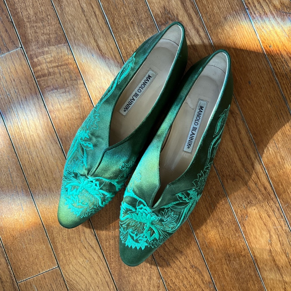 Green Embroidered Manolo Blahnik flats